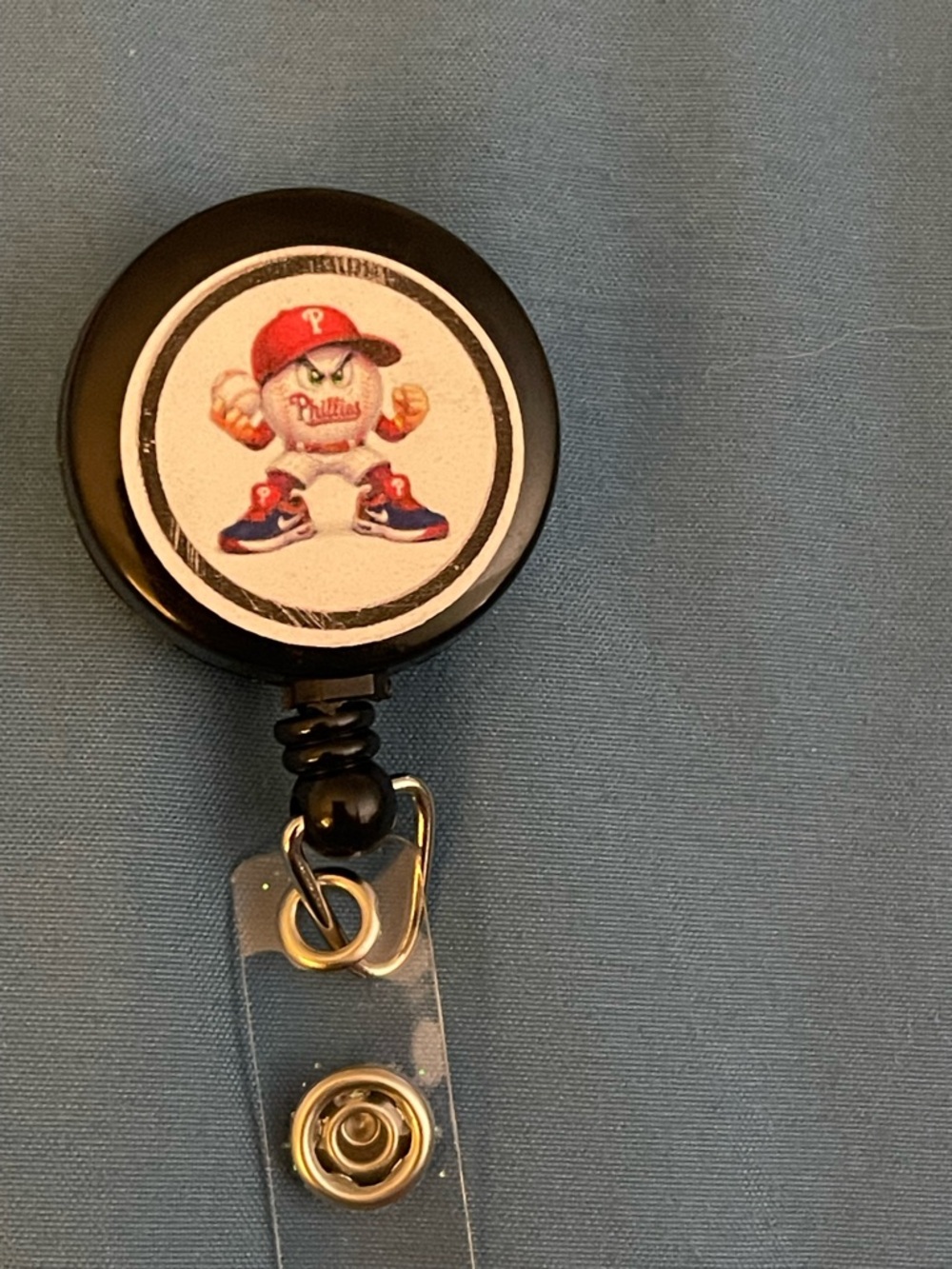 Black Phillies Retractable Badge Reel with Mascot Graphic